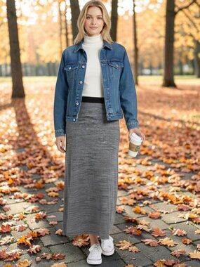 Reitmans Maxi Skirt Heather Gray Elastic Waist Rayon Stretch Split Minimalist